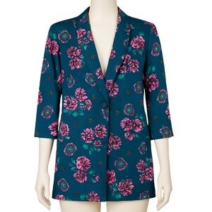Pykettes Blazer Women L Teal Pink‎ Floral 80s Vintage Lightweight 3/4 Sleeve